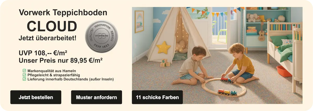 „Kinderzimmer mit Spielteppich – Girloon Cloud Teppichboden in hochwertiger Markenqualität, ideal für Familienräume“